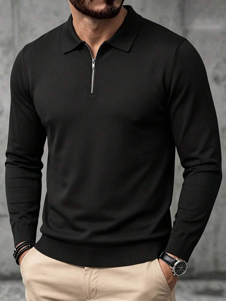 Men's Spring/Autumn Minimalist Solid Color Fashion Half-Zip Long Sleeve Polo Shirt - Black - View 1