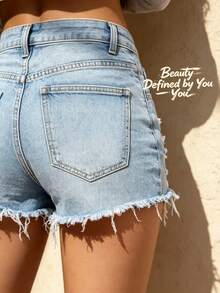Women's Mid Waist Distressed Ripped Denim Shorts Frayed Hem Mini Jeans Y2K Style For Summer Beach Festival Daily Street Casual Wear - Baby Blue - View 3