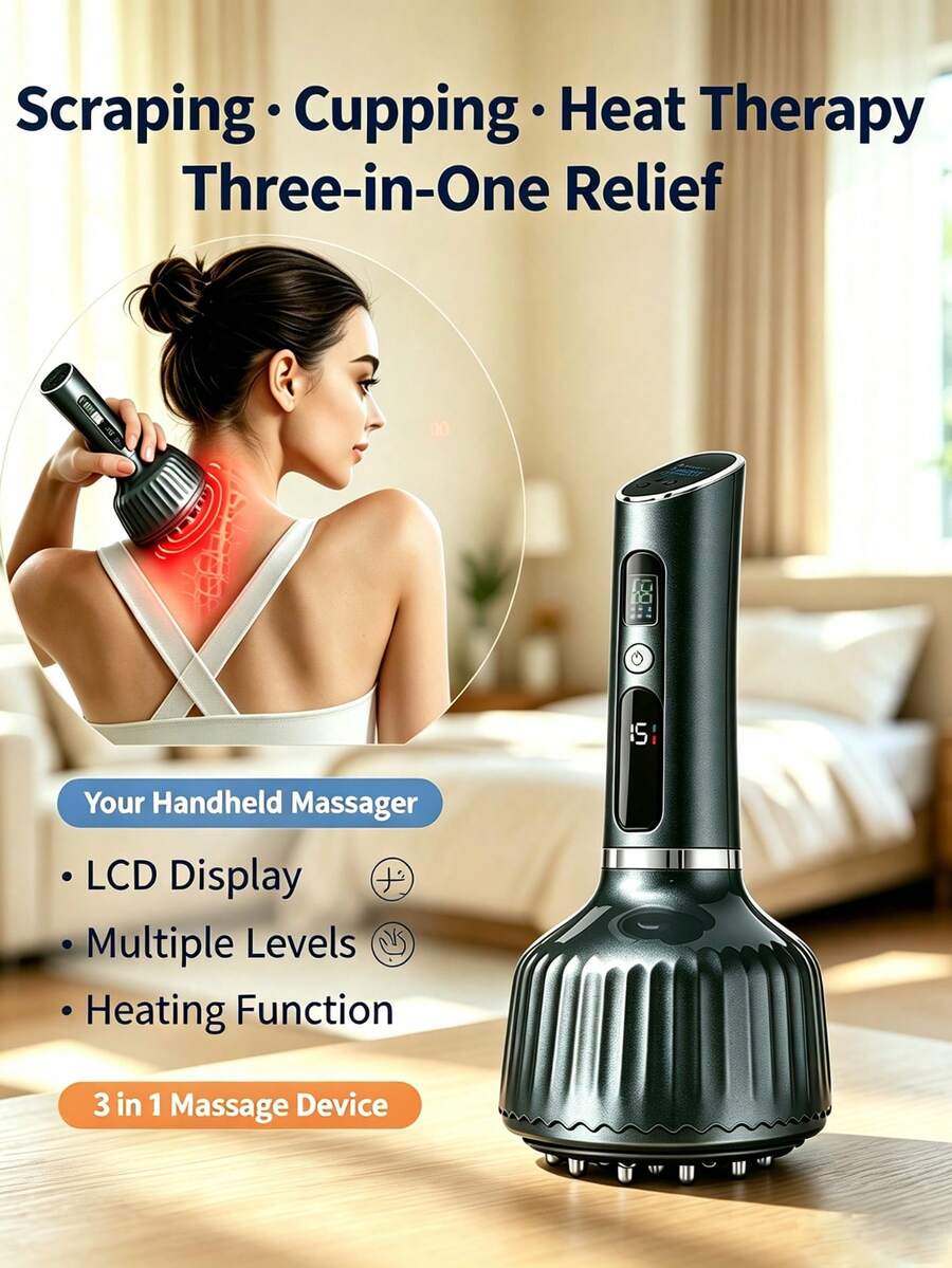 ALUSHEE 3-In-1 Electric Cupping Scraping Massage Device, Rechargeable Heating, Red Light Magnetic Bead Rolling Massage, LCD Display, Handheld Body Massager, Suitable For Back, Neck And Shoulders