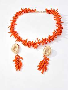 Women's Jewelry Set Bohemian Beach Vacation Faux Coral Necklace & Earrings Set, Suitable For Vacation Wear - Orange - View 7