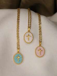 1pc Classic Rettro Gold Tone Colorful Cross Pendant Necklace Blue White Pink Oval Enamel Charm Vintage Y2K Layered Jewelry Gift - Multicolor - View 1