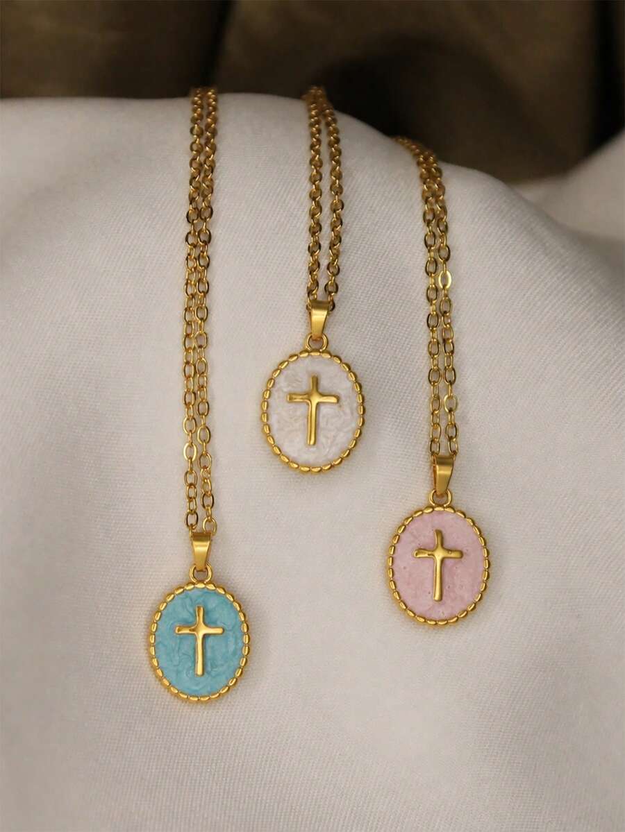 1pc Classic Rettro Gold Tone Colorful Cross Pendant Necklace Blue White Pink Oval Enamel Charm Vintage Y2K Layered Jewelry Gift - Multicolor - View 1