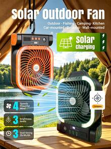 ENSSU Solar Powered Outdoor Camping Fan With LED Night Light, 4-Speed Timer Portable Foldable Desk Fan, Hanging Hook Design, Built-In Power Bank And Compass, Quiet Powerful Wind USB Rechargeable Fan, Suitable For Tent, Picnic, Fishing, Bedroom, Travel, Emergency Use - Multicolor - View 2