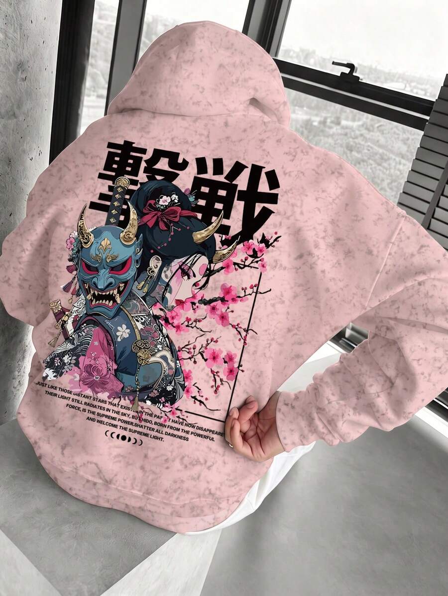 男士秋冬極簡時尚休閒女戰士印花水洗連帽衛衣套頭衫 - 粉色 - 查看 1