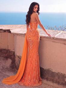Strapless Beaded Mesh Mermaid Evening Gown - High Slit Design Fall Wedding Party - Orange - View 2
