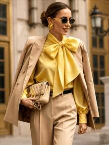 Women's Long Sleeve Blouse With Detachable Oversized Bow, French Puff Sleeves, Stand Collar, Office/Casual Wear, Suitable For Work, Daily, New Year And Various Occasions Spring - Yellow - View 2