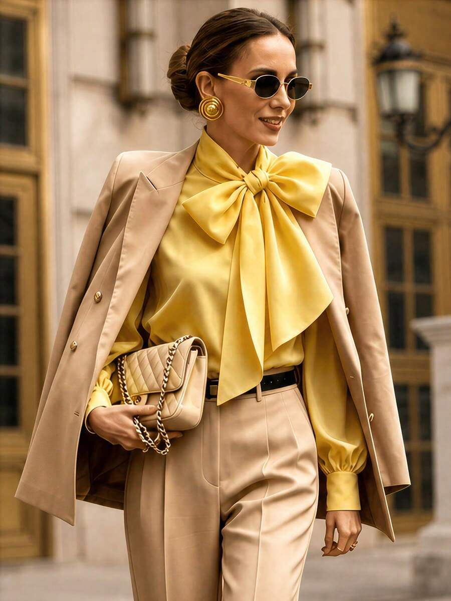Women's Long Sleeve Blouse With Detachable Oversized Bow, French Puff Sleeves, Stand Collar, Office/Casual Wear, Suitable For Work, Daily, New Year And Various Occasions Spring