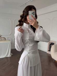 Women's Light Chinese Style Shirt With Frog Buttons And Back Tie Waist - White - View 4