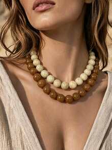 1 pieza Collar de cuentas bohemio con patrón de mármol exagerado, grueso y apilable, adecuado para vacaciones - Collar degradado multicolor vintage - Ver 1