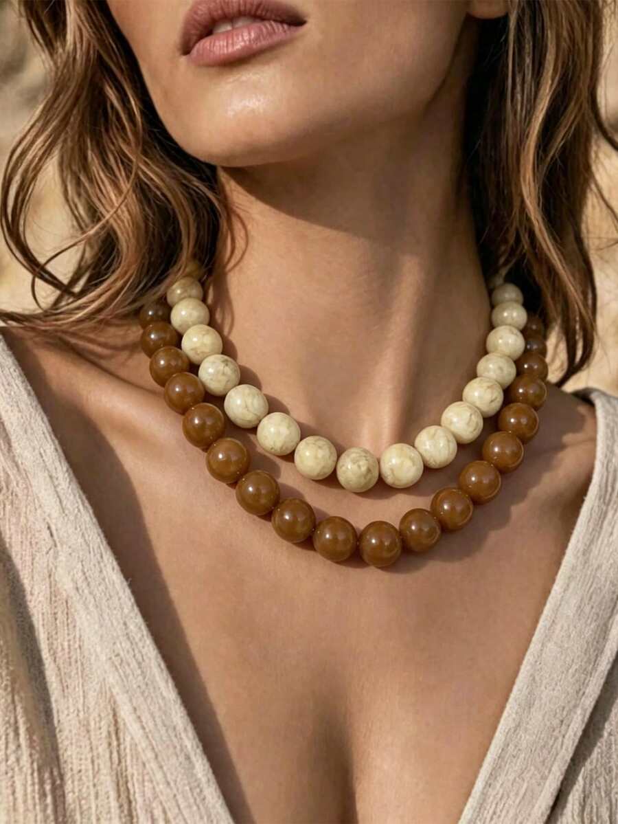 1 pieza Collar de cuentas bohemio con patrón de mármol exagerado, grueso y apilable, adecuado para vacaciones - Collar degradado multicolor vintage - Ver 1