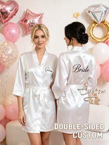1pc Customized Personalized Sleepwear Set Or Robe - Satin Bride & Bridesmaid Robes, Comfortable Loungewear, Customized Wedding Robe, Embroidered Design, Exclusive Bridesmaid Attire, Customized Satin Long Robe, Customized Bridal Wear, Pre-Wedding Preparation Robe, Wedding Party Outfit, Lace Trim Robe, Customized Personalized Loungewear, Bridal Gift; Style: Minimalist, Fun, Comfortable, Cozy, Cute, Vintage; Features: Customized, Personalized, Unique, Exclusive Custom Gift. - Multicolor - View 1