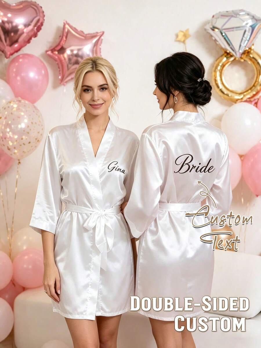 1pc Customized Personalized Sleepwear Set Or Robe - Satin Bride & Bridesmaid Robes, Comfortable Loungewear, Customized Wedding Robe, Embroidered Design, Exclusive Bridesmaid Attire, Customized Satin Long Robe, Customized Bridal Wear, Pre-Wedding Preparation Robe, Wedding Party Outfit, Lace Trim Robe, Customized Personalized Loungewear, Bridal Gift; Style: Minimalist, Fun, Comfortable, Cozy, Cute, Vintage; Features: Customized, Personalized, Unique, Exclusive Custom Gift. - Multicolor - View 1