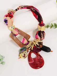 1pc Vintage Fabric & Resin CCB Color Block Pendant Necklace For Women, Suitable For Banquet & Daily Wear - X-1309 - View 8