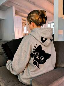 1pc Tween Girls Fun Peeking Black Cat Print Hooded Sweatshirt, Light Oatmeal Grey Loose Casual Pullover Top, Spring Autumn - Grey - View 2