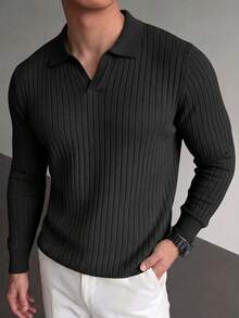 Men's Textured Vertical Ribbed Polo Collar Knit Sweater, Black, Premium Business Style, Long Sleeve, Autumn/Winter, Layering Base Layer - Black - View 6