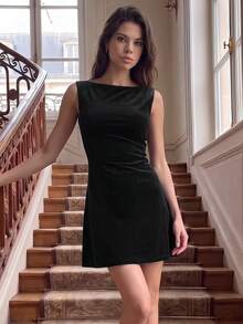 QUNGIGU Women Velvet Boat Neck Dress Sleeveless Straight Mini Apparel For Cocktail Party Going Out Dating - Black - View 5