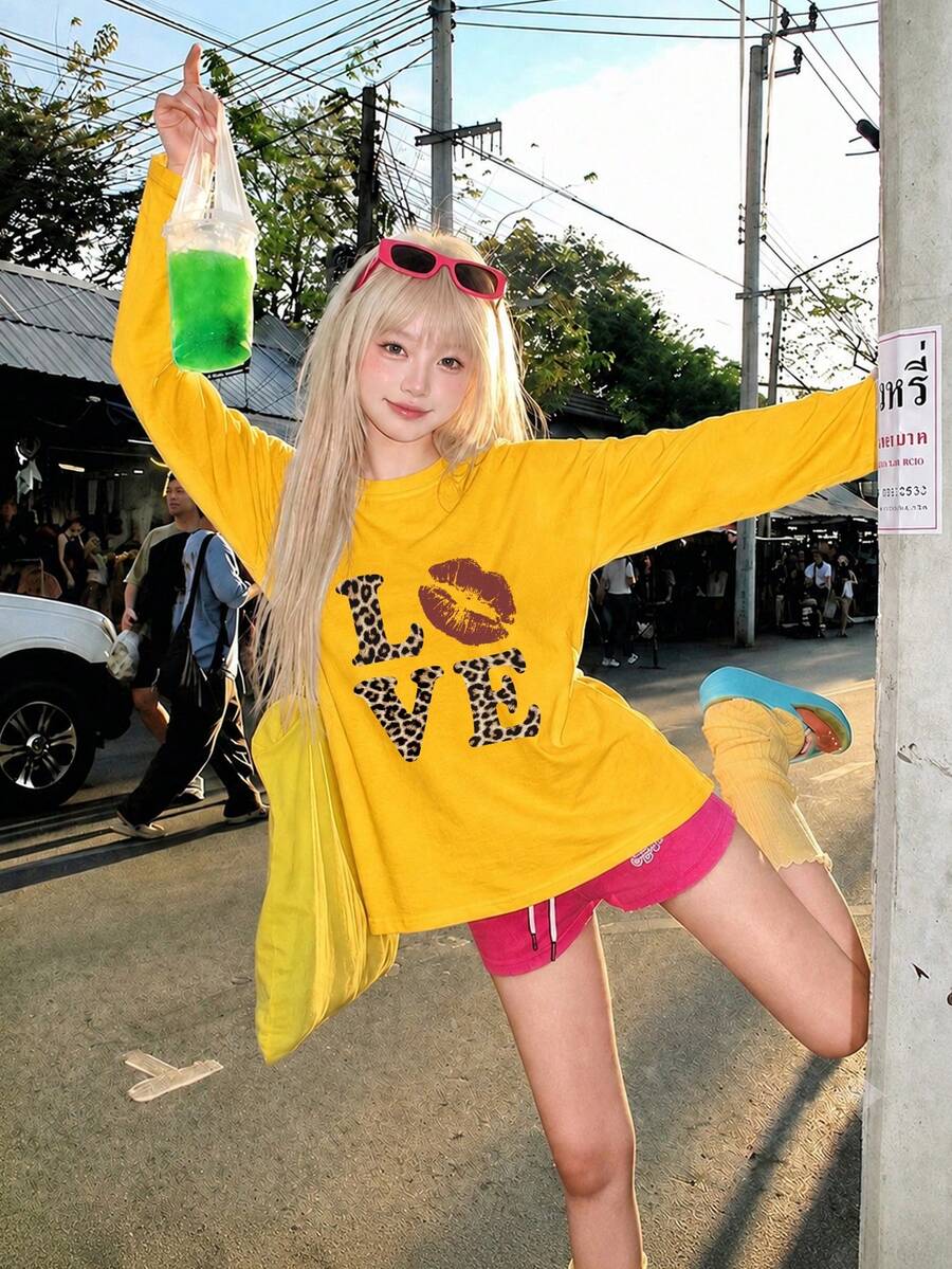 Women's Street Casual Long Sleeve Top, Leopard Print Letter & Lip Pattern, Yellow T-Shirt - Yellow - View 1
