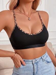 Comfortable Fashionable Charming Wireless Bra With Back Strap Contrast Leopard Print No Padding Ultra Short Top - Black - View 5