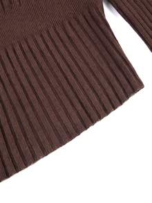 Women's French Style Ribbed Spliced Cinched Waist Lantern Long Sleeve Knit Sweater, Slim Fit Elegant Versatile Top For Office Commute Fall Winter - Coffee Brown - View 6