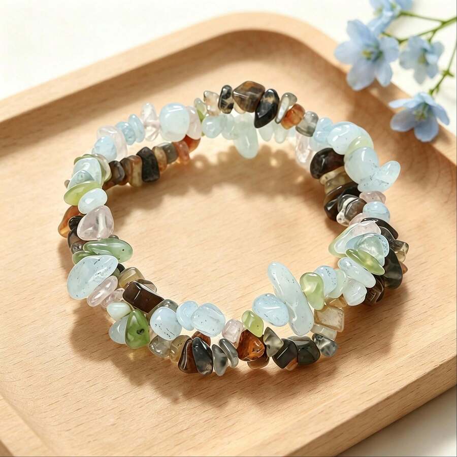 1Pc Double‑Row Natural Stone Chips Bracelet Irregular Gravel Beaded Elastic Bangle For Women Couple Healing Crystal Jewelry Gift - Multicolor - View 1