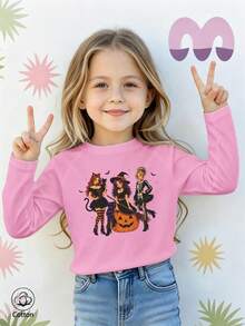Halloween Girls Cotton Raglan Long Sleeve Tee, Witch Pumpkin Skull Print, Cute Sweet Preppy Style - Light Wine Red - View 2