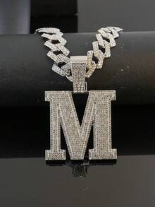 1pc Hip Hop Oversized M Letter Iced Out Pendant Necklace, Rhinestone Cuban Chain Set, Rap Style Accessory, Unisex Music Festival Party Outfit Personalized Jewelry Gift - M - View 6