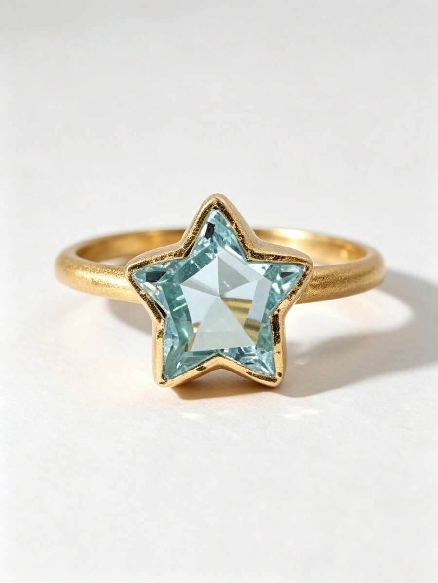 1pc Sky Blue Synthetic Zirconia Engagement Ring, Star-Shaped Promise Ring, Elegant Anniversary Jewelry Gift For Her ﻿ - Ring - View 1