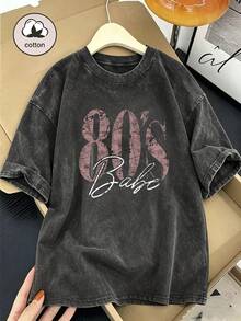 Plus Size Women's Vintage Print T-Shirt - Loose Fit Large Letter Graphic Casual Short Sleeve Crew Neck Washed Top Summer Black - Black - View 11
