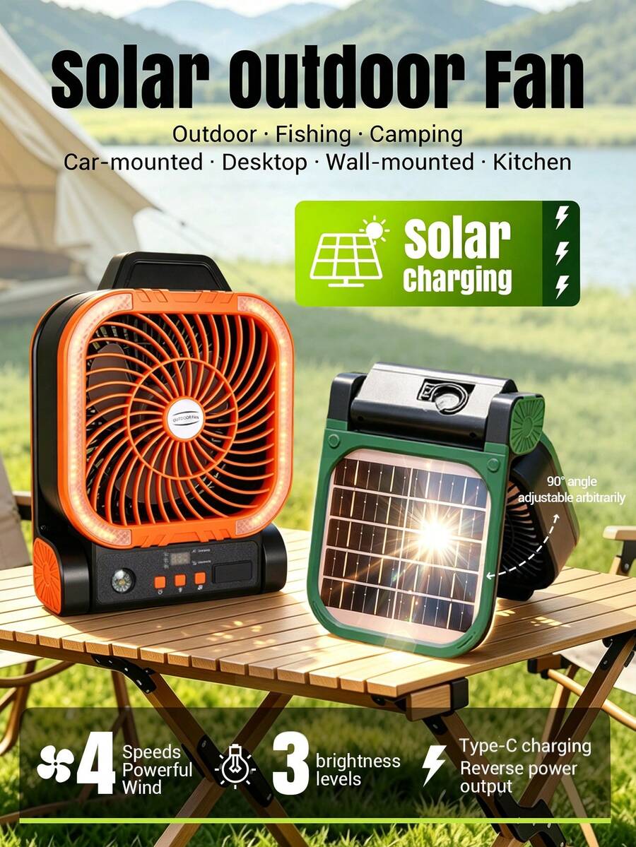 ENSSU Solar Powered Outdoor Camping Fan With LED Night Light, 4-Speed Timer Portable Foldable Desk Fan, Hanging Hook Design, Built-In Power Bank And Compass, Quiet Powerful Wind USB Rechargeable Fan, Suitable For Tent, Picnic, Fishing, Bedroom, Travel, Emergency Use - Multicolor - View 1
