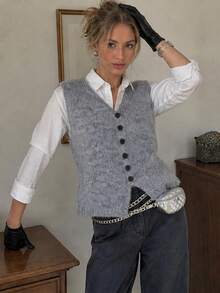 Wixra Women's V‑Neck Button Front Sleeveless Knit Vest Cardigan, Fuzzy Loose Fit Knit Waistcoat - Grey - View 4