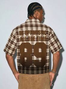 Modcrash Men's Yellow Plaid "NY 89" Slogan Print Short Sleeve Button-Up Shirt, Street Style Retro Shirt - Khaki - View 2