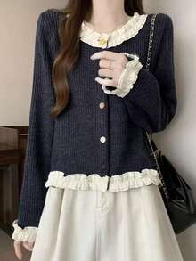 Fashionable Youthful College Style Navy Blue Knit Cardigan Women's Design Ruffle Hem Slimming Long Sleeve Casual Top - Navy Blue - View 2