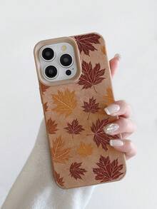 1pc Vintage Autumn Maple Leaf Faux Suede Brown Skin-Friendly Phone Case Covers, Girls Autumn Thanksgiving Faux Leather TPU Soft Shell Full Coverage Anti-Drop Compatible With IPhone18 Pro 18 ProMax 17 16 15 14 Pro Max Fast Shipping - Brown - View 4