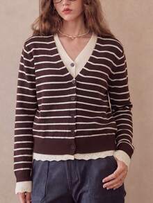 Women's Autumn Casual Elegant Classic Striped 2 In 1 Knit V-Neck Cardigan - Coffee Brown - View 5