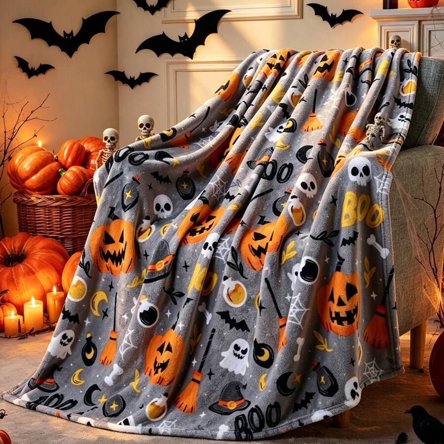 1pc Halloween Gray Background Pumpkin Skull Ghost Digital Print Flannel Blanket - Modern Style, Soft Comfortable Polyester Knitted Fabric For All Seasons, Multi-Purpose, Suitable For Sofa, Bed, Travel, Camping, Chair, Gift Blanket - Grey - View 1