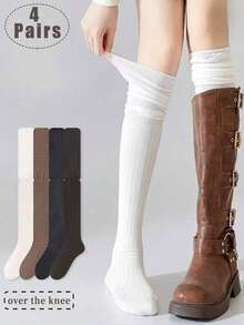 Women's Ribbed Elastic Over-The-Knee Socks, 4 Pairs, 4 Colors, Casual Everyday Knit Socks - Multicolor - View 2