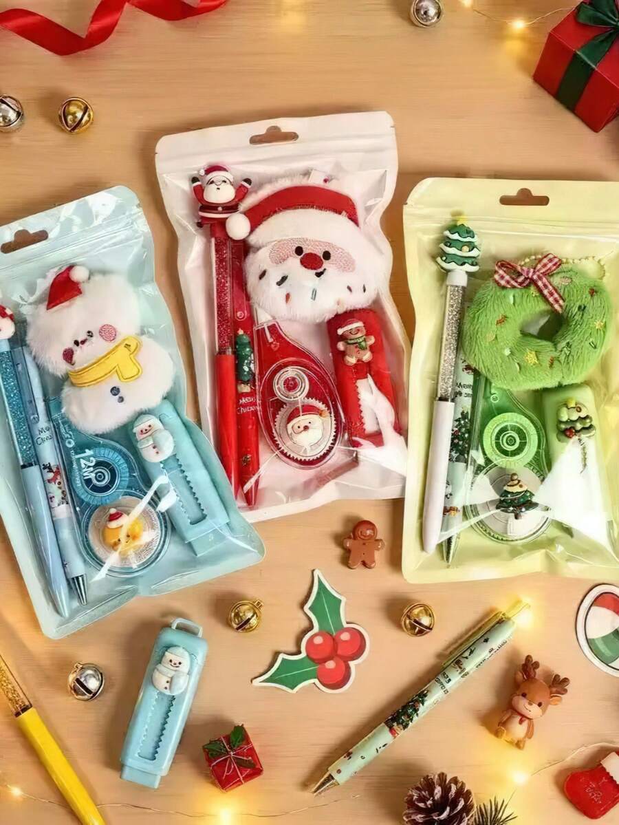 1 Set Christmas Themed Stationery Gift Set, Gel Pen Eraser Correction Tape Charm Pendant, School Office Reward Prizes For Children, Stocking Stuffer - Multicolor - View 1