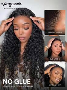 MEGALOOK 13x6 Glueless HD Lace Front Wig, Water Wave Natural Black, 100% Human Hair, 200% Density, Drawstring For Direct Wear, Pre-Plucked Natural Hairline, Multi-Parting, Beginner-Friendly - SNatural - View 8