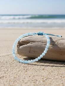 Faceted Natural Aquamarine Tiny Bead Minimalist Bracelet, Protection Intention Reiki Dainty Handmade Adjustable Friendship Jewelry For Women Men - Baby Blue - View 5