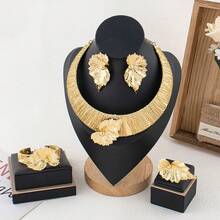 Letingsha Women's Gold Plated 4pcs Jewelry Set, Textured Necklace, Hollow Leaf Earrings, Open Cuff Bracelet, Adjustable Ring, Anti-Oxidation Design, Suitable For Brides, Formal Occasions And Holiday Outfits - Yellow Gold - View 11