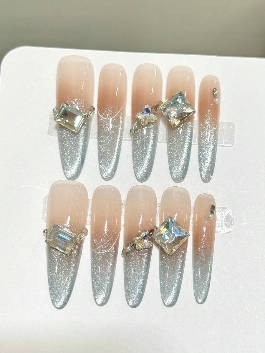 10 Peças Arte de Unhas Stiletto, Unhas Postiças Bonitas, [Cool Muse] Mais Vendidas Estética Pura Brilhante com Strass, Luz Lateral Olho de Gato, Unhas Postiças Feitas à Mão, Adequadas para Mulheres para Uso Diário, Feriados, Ocasiões de Festa