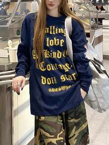 Women's Round Neck Long Sleeve T-Shirt, Spring/Autumn New Letter Print, Fashion Casual Versatile Loose Top - Navy Blue - View 1