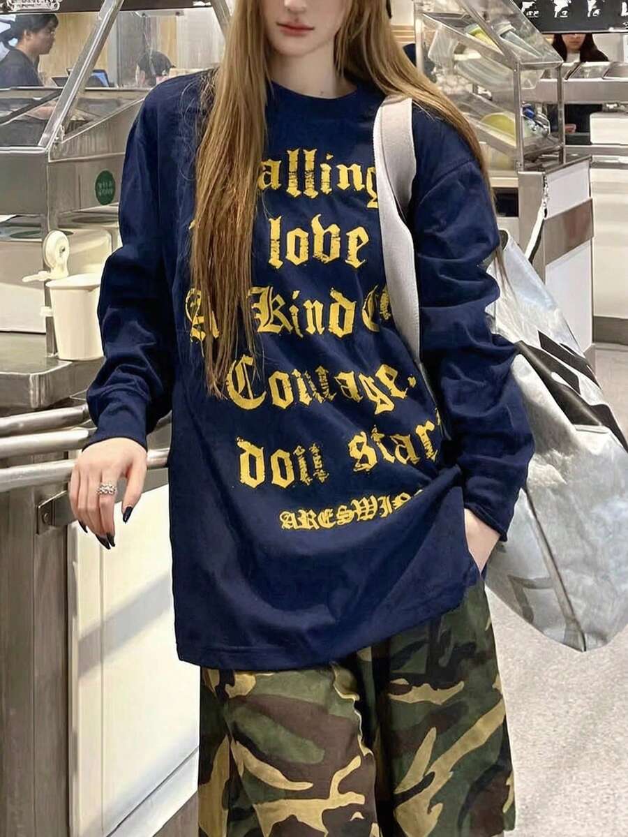 Women's Round Neck Long Sleeve T-Shirt, Spring/Autumn New Letter Print, Fashion Casual Versatile Loose Top - Navy Blue - View 1