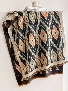 1pc Vintage Rhombus Ikat Pattern 65*180cm Shawl, Heavy Brushed Polyester Imitation Cashmere, Fall Winter Multi-Use Wrap For Trip Gathering - Multicolor - View 15