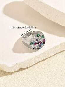 1pc Bohemian Style Copper Material Multi-Color Stone Round Face Open Ring, Party & Travel Fashion Accessory, Holiday Gift Ring - Silver - View 4