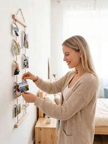 1 Set Wooden Photo Wall Hanging Rack, Includes Hanging Rope And Clips, Multi-Photo Display Stand, Photo Wall Frame Collage, No Drilling Required, Space-Saving, Suitable For Dorms, Bedrooms, Desktops And Wall Decoration - A - View 2