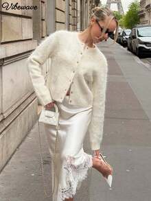 VIBEWAVE Off-White Round Neck Single-Breasted Short Faux Mink Knit Cardigan For Women, Exuding French Gentle And Sophisticated Style, Perfect For Spring And Autumn Dates, Travel, Street Style, And Commuting. - Dark Grey - View 1