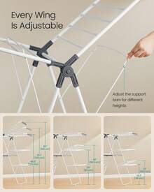 SONGMICS Clothes Drying Rack, Foldable 3-Level Laundry Rack, Free-Standing Large Drying Rack, With Height-Adjustable Wings, 39 Drying Rails, Sock Clips - White and Gray - View 5
