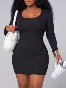 1pc Plus Size Square Neck Ribbed Long Sleeve Extended Length 2-In-1 Built-In Bra Solid Color Versatile Comfortable Minimalist Slimming Casual Yoga Sports Outerwear, Autumn/Winter - Black - View 5