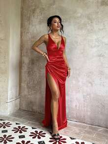 1pc Solid Color Elegant Knitted Fabric Sleeveless Dress Beach Wedding Summer - Red - View 3